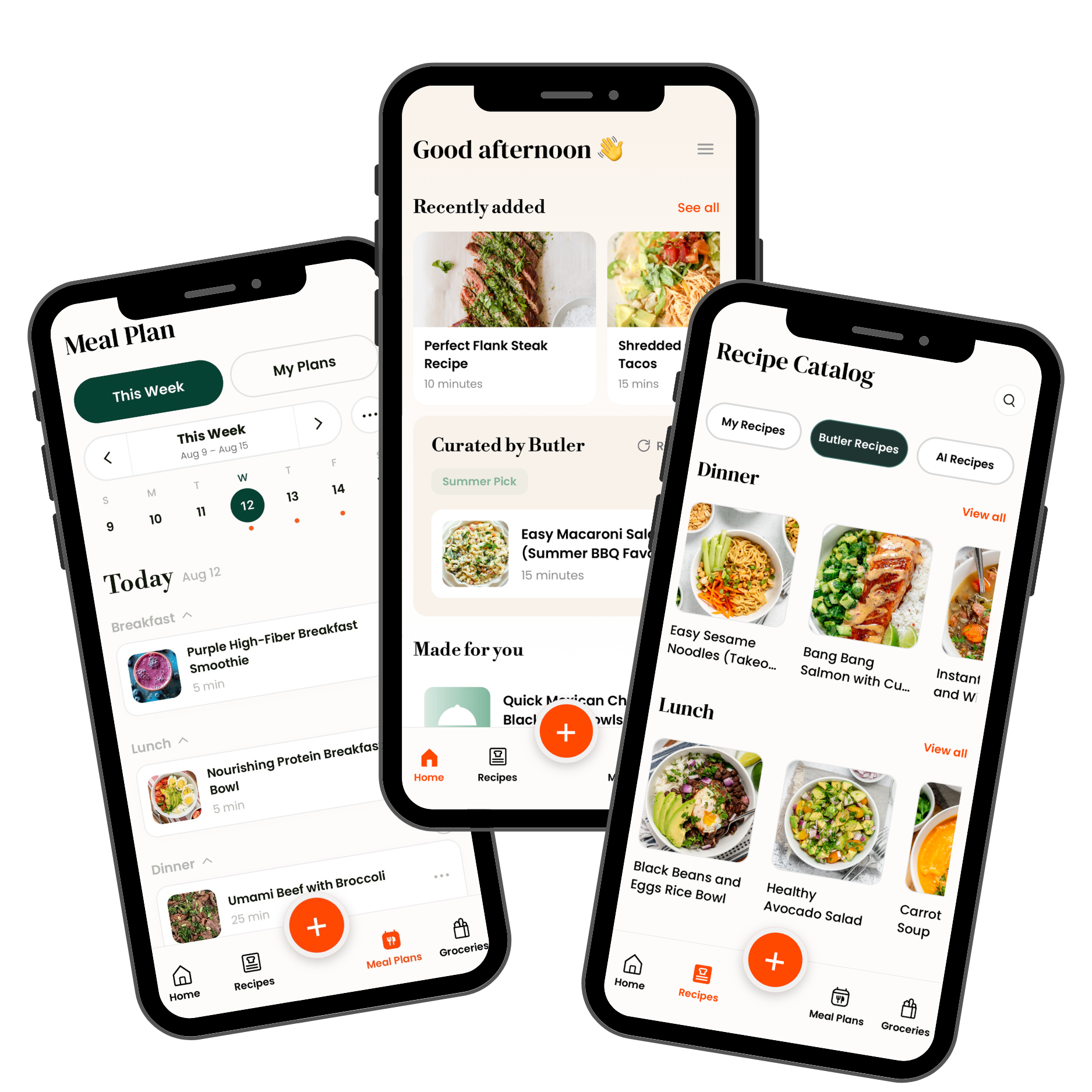 Butler app meal planner, home screen, and recipe catalog