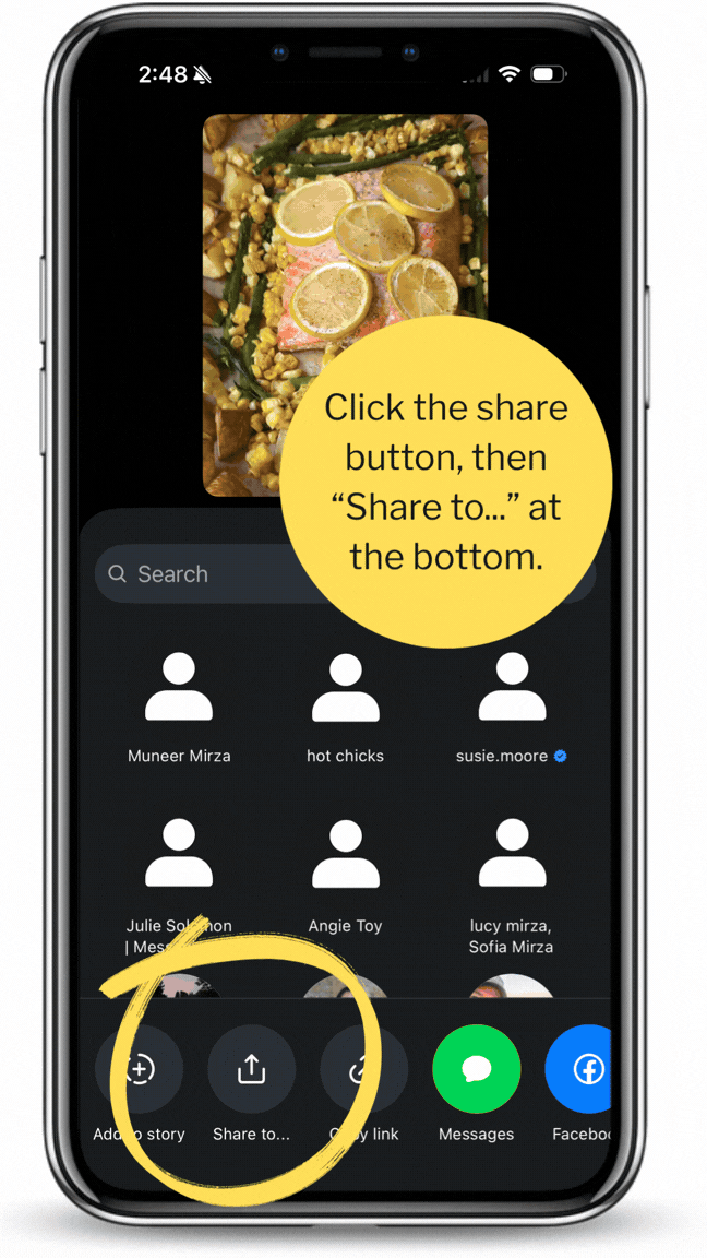 Step-by-step demonstration of sharing an Instagram recipe to Butler using Share to and selecting Butler.